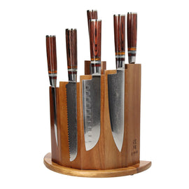 Shinrai Knives - Micarta Jewels 7-Piece Damascus Knife Set + Scalae Magnetic Knife Block - Acacia Wood