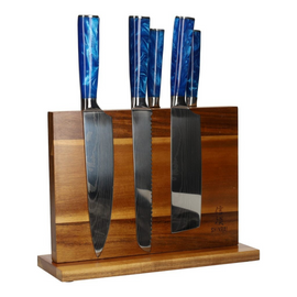 Shinrai Japan - Ensemble de couteaux 6 pièces Epoxy Sapphire Damascus Print + support en acacia double face