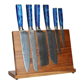Shinrai Japan - Ensemble de couteaux 6 pièces à imprimé époxy saphir damas + support en acacia simple face