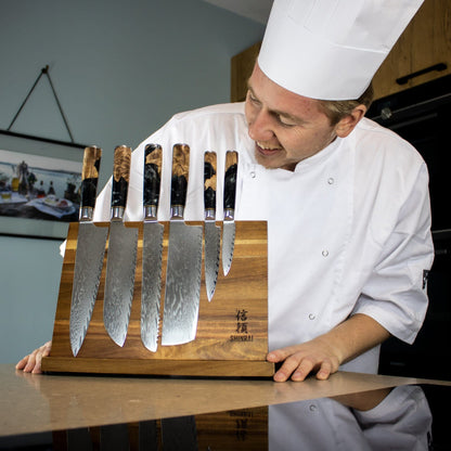 Epoxy Onyx 6-delige Damascus Messenset + Magnetisch Messenblok Enkelzijdig Messenset met blok Shinrai Knives 