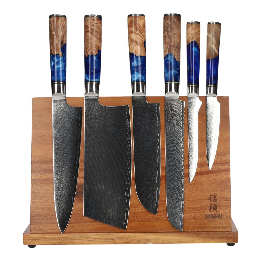 Epoxy Sapphire 6-piece Damascus Knife Set + Acacia holder single