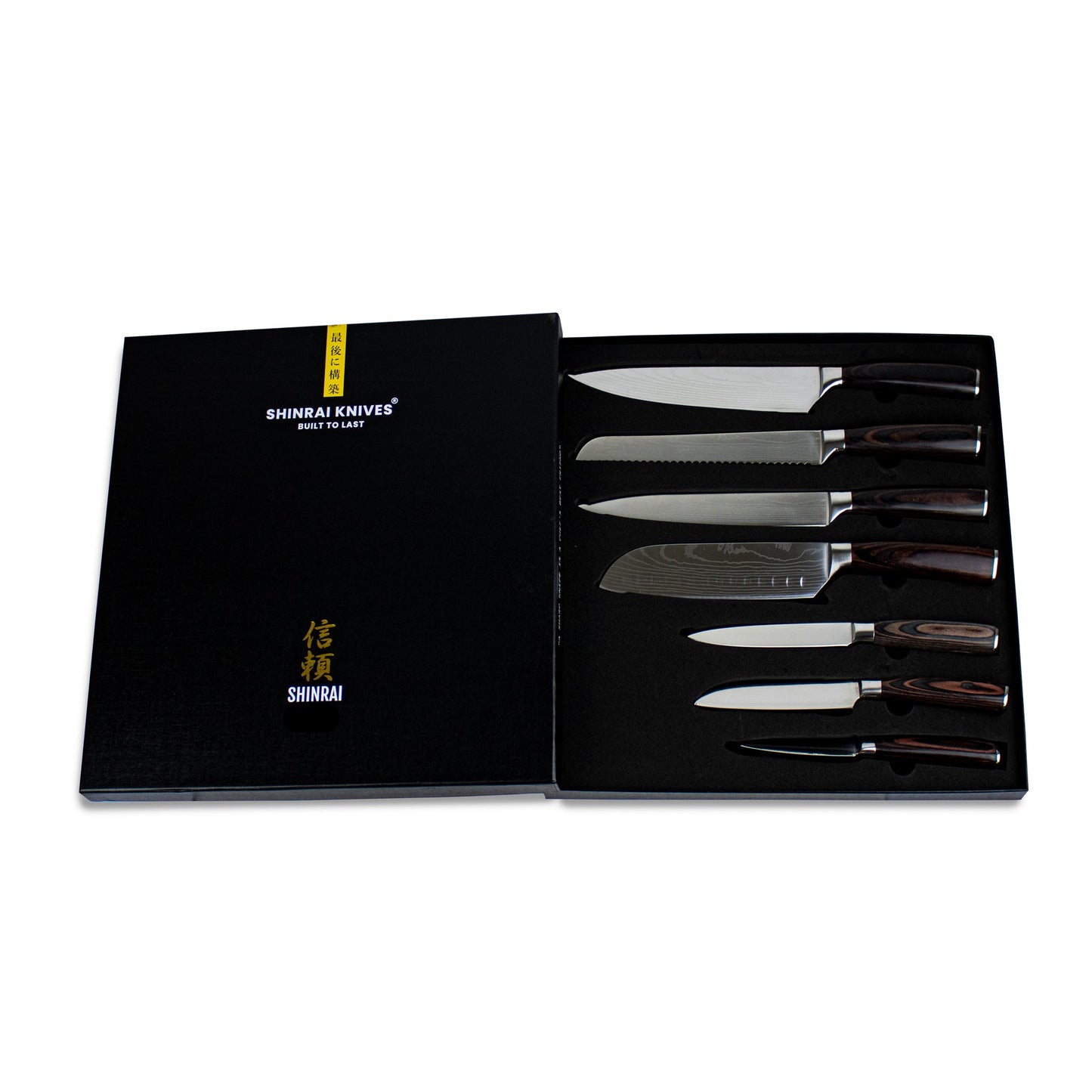 Shinrai Knives - Damascus Print 7-piece Knife Set + Magnetic Knife Block Double Sided - Black