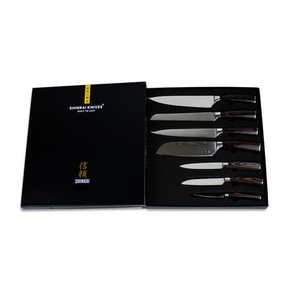 Shinrai Knives - Damascus Print 7-piece Knife Set + Magnetic Knife Block Double Sided - Black