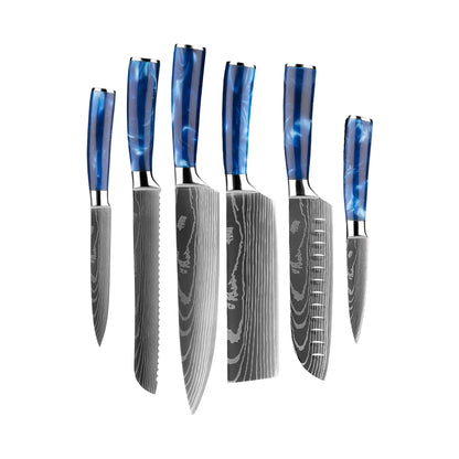 Paasbundel: Epoxy Sapphire Damascus Print 6-delige Messenset + GRATIS olive wood serveerplank Messenset met blok KookGigant 