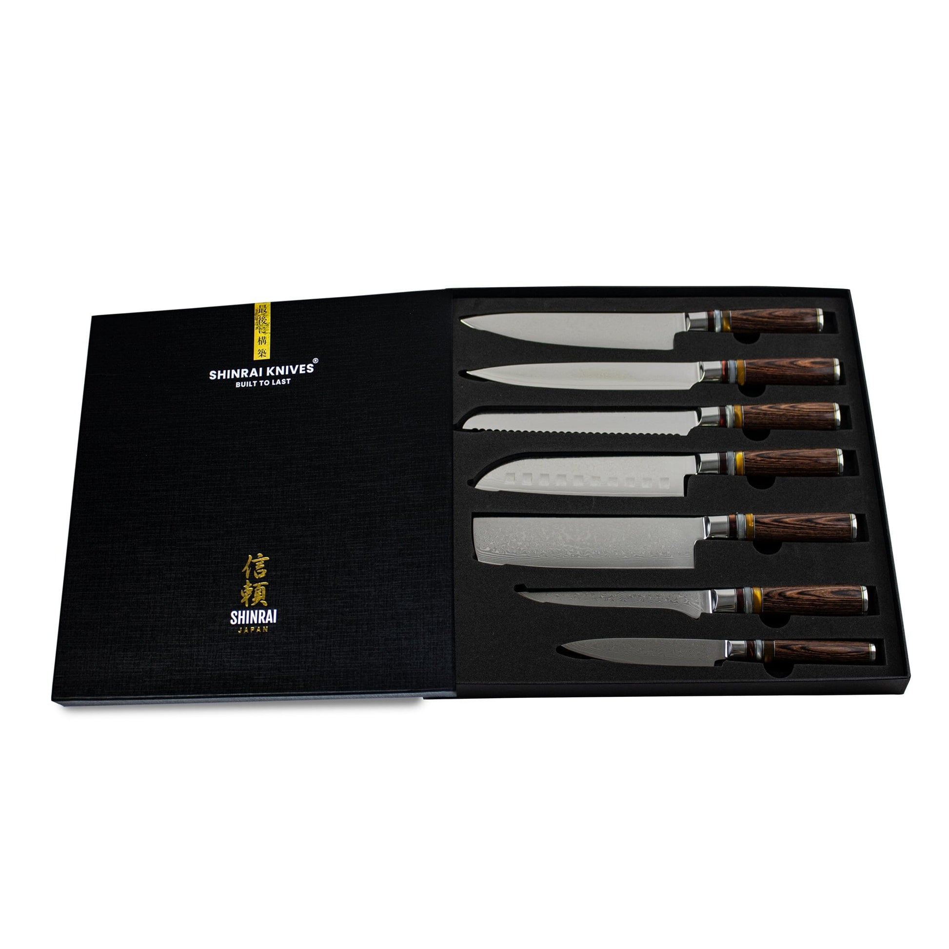 Shinrai Japan - Micarta Jewels 7-delige Damascus Messenset + Magnetisch Messenblok Scalae - Acacia hout Shinrai Japan 