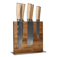 Couteaux Shinrai - Coffret de 6 couteaux Akari à motif damassé + bloc à couteaux Cito - Coffret de couteaux double face avec bloc - Couteaux Shinrai