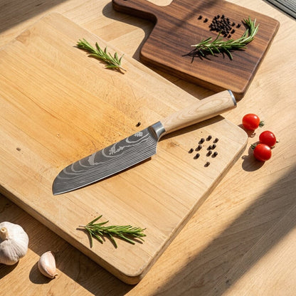 Couteaux Shinrai - Coffret de 6 couteaux Akari à motif damassé + bloc à couteaux Cito - Couteaux Shinrai à lame simple avec bloc