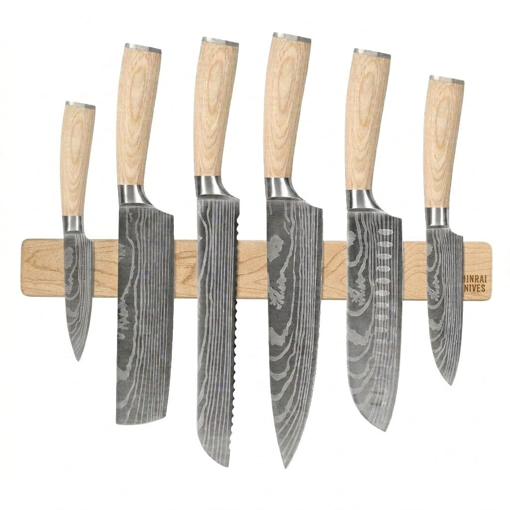 Shinrai Knives - Akari Damascus Print 6-delige Messenset + Messenmagneet Muurstrip - Esdoornhout Messenset met blok Shinrai Knives 