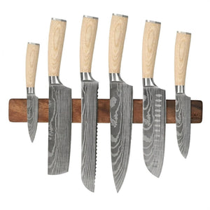 Couteaux Shinrai - Coffret de 6 couteaux Akari à motif damassé + support mural magnétique pour couteaux - Coffret de couteaux en bois de noyer avec bloc