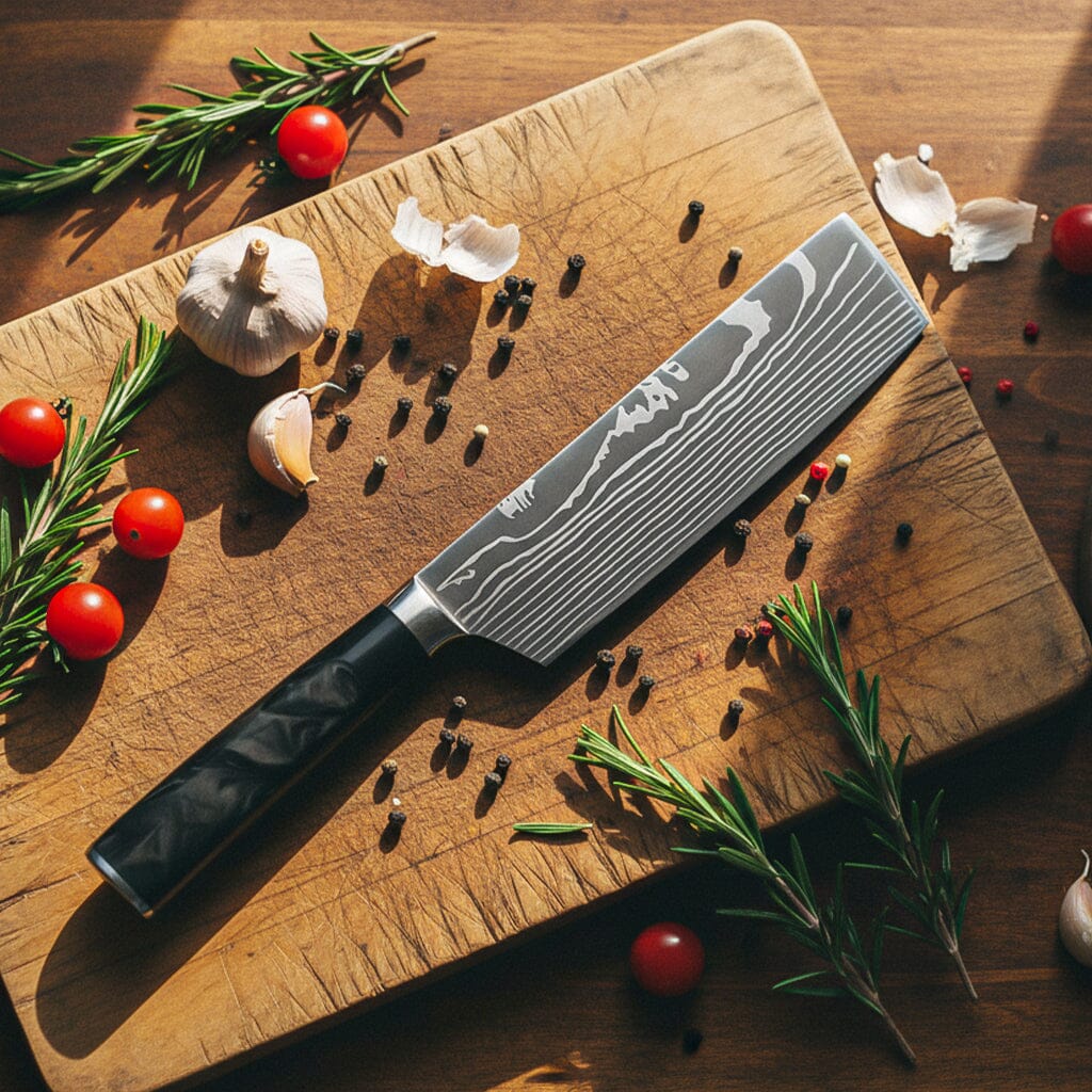 Shinrai Knives - Damascus Print Epoxy Onyx 4-delige Messenset - Koksmes + Broodmes + Nakiri + Schilmes Messenset Shinrai Knives 