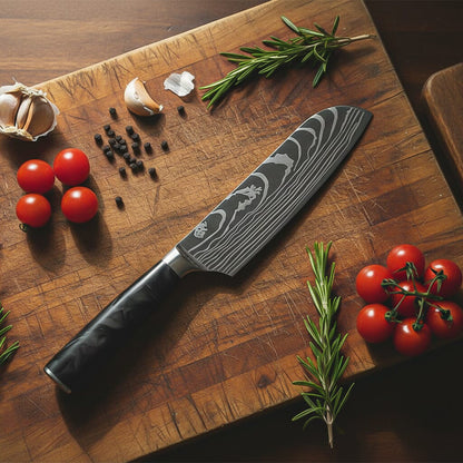 Shinrai Knives - Damascus Print Epoxy Onyx 5-delige Messenset - Koksmes + Broodmes + Nakiri + Kleine Santoku + Schilmes Messenset Shinrai Knives 