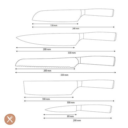 Shinrai Knives - Hammered RVS 5-delige Messenset - Koksmes + Broodmes + Nakiri + Kleine Santoku + Schilmes Messenset Shinrai Knives 