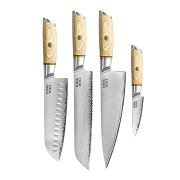 Couteaux Shinrai - Ensemble 4 pièces Hikari Damascus - Couteau de chef + Santoku + Couteau à pain + Couteau d'office Shinrai Knives Knife Set