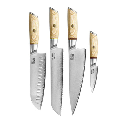 Couteaux Shinrai - Ensemble 4 pièces Hikari Damascus - Couteau de chef + Santoku + Couteau à pain + Couteau d'office Shinrai Knives Knife Set
