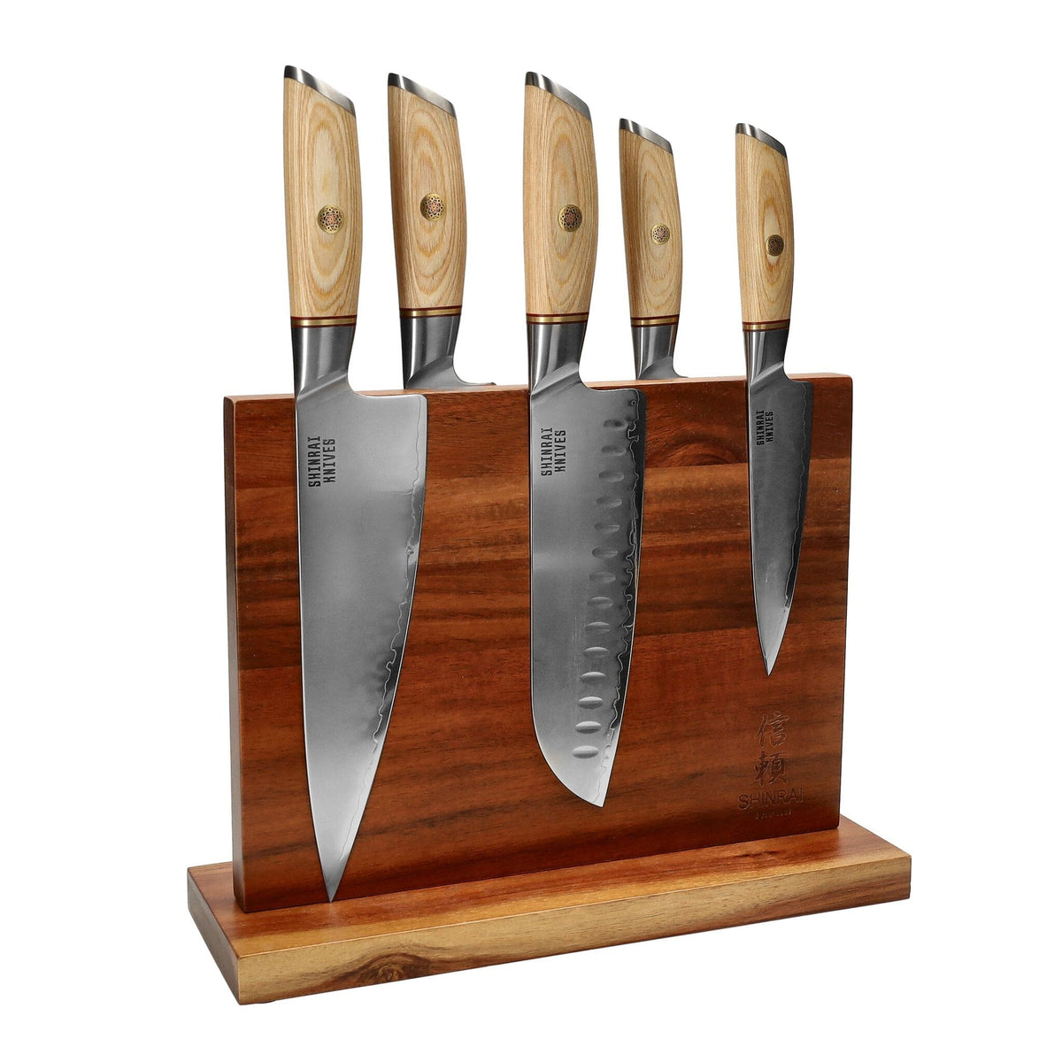Couteaux Shinrai - Coffret de 5 couteaux Hikari Damas + Bloc à couteaux double face