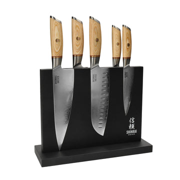 Shinrai Knives - Hikari Damascus 5-delige messenset + Messenblok Dubbelzijdig zwart Messenset met blok Shinrai Knives 