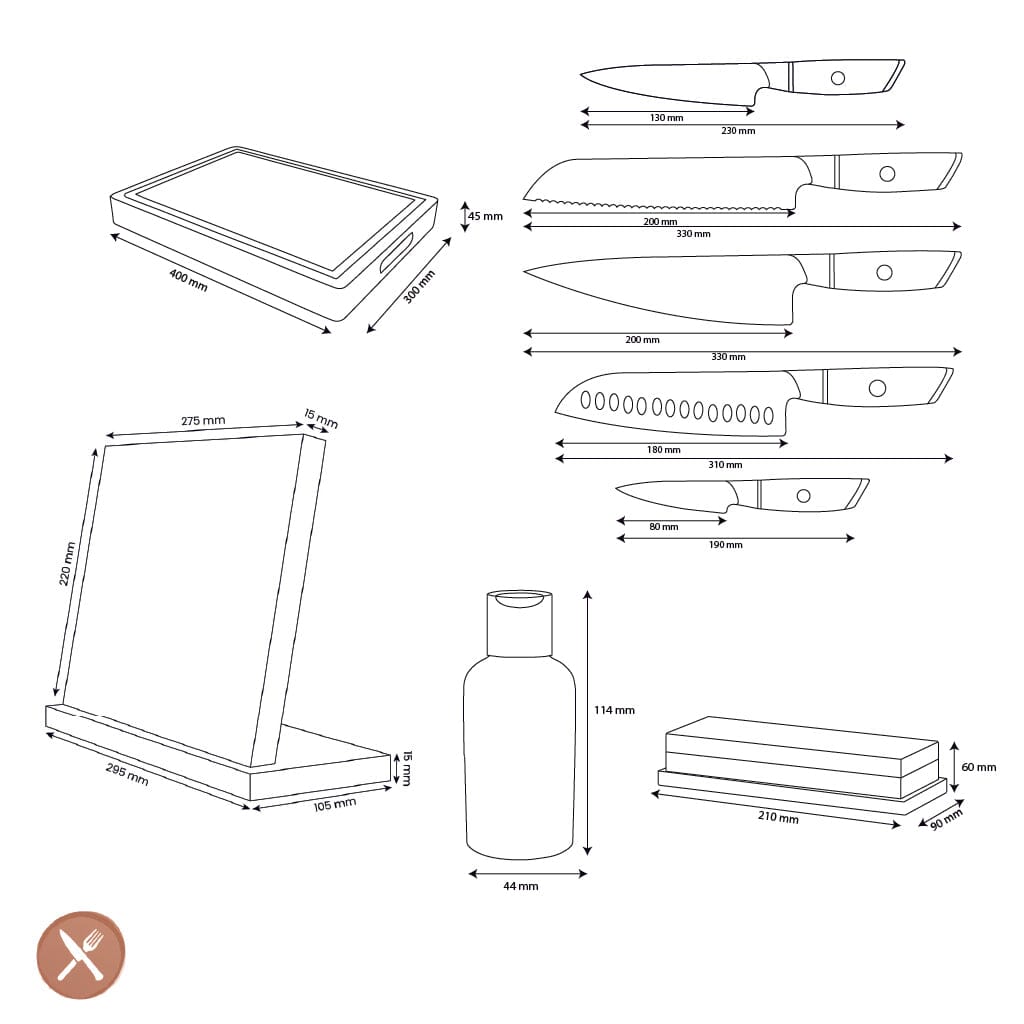 Couteaux Shinrai - Coffret complet Hikari Damas - Ensemble de couteaux complet avec bloc, planche à découper et pierre à aiguiser 
