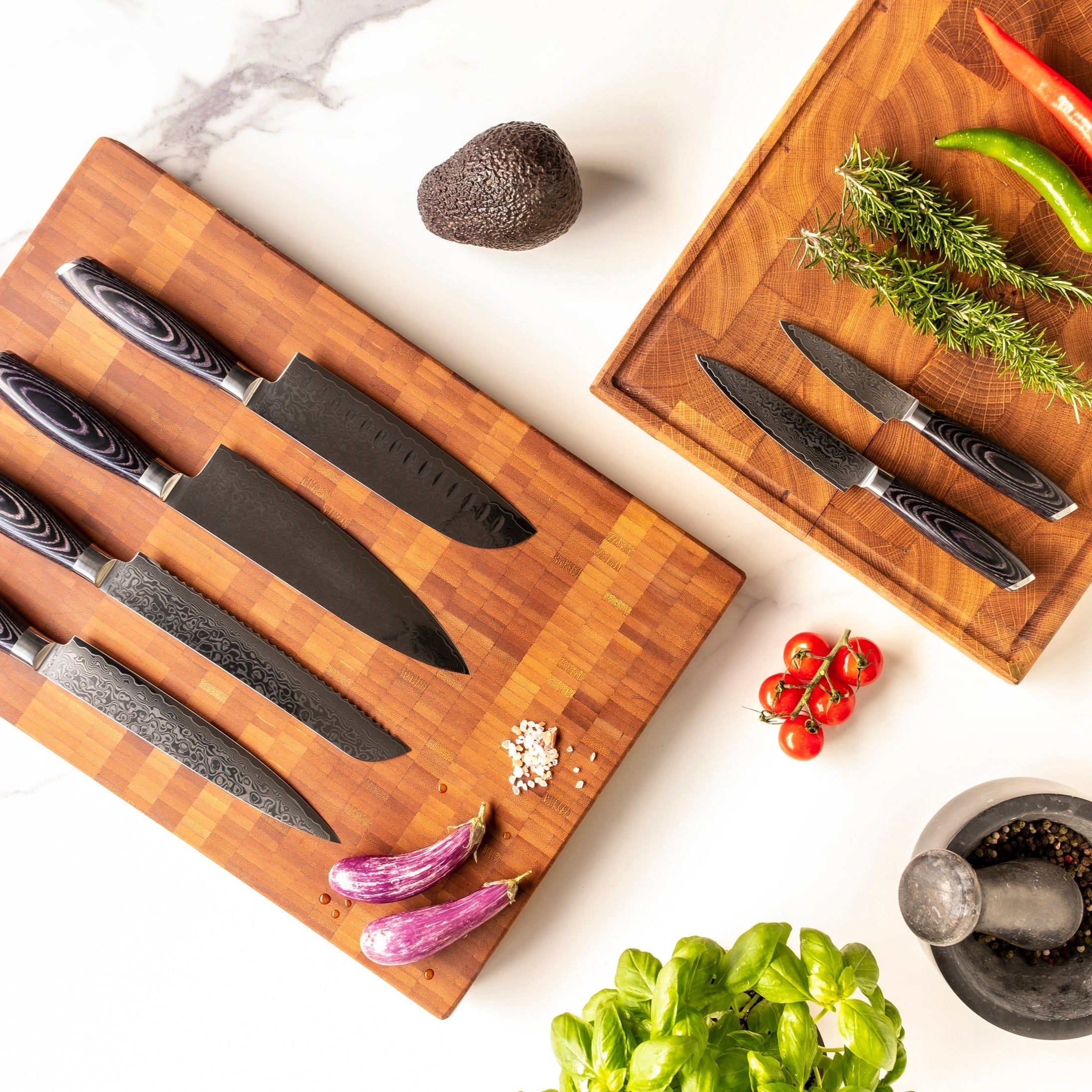 Damask Pakka Wood 6-Piece Knife Set + Magnetic Knife Block Single