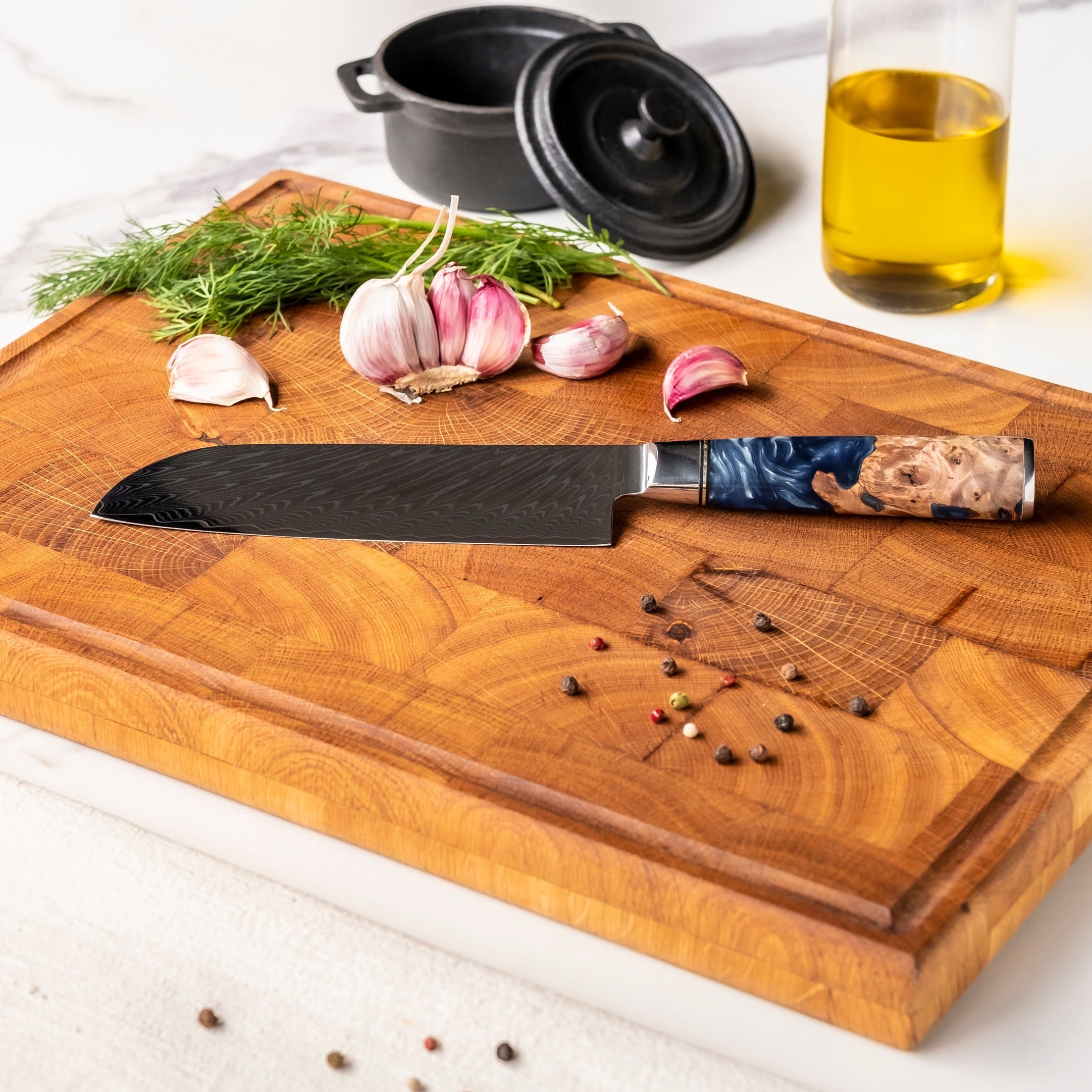 Epoxy Sapphire 6-piece Damascus Knife Set + Acacia holder single