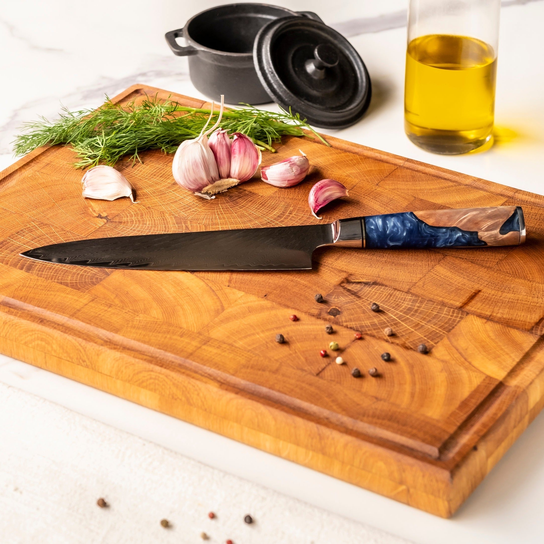 Epoxy Sapphire 6-piece Damascus Knife Set + Acacia holder single
