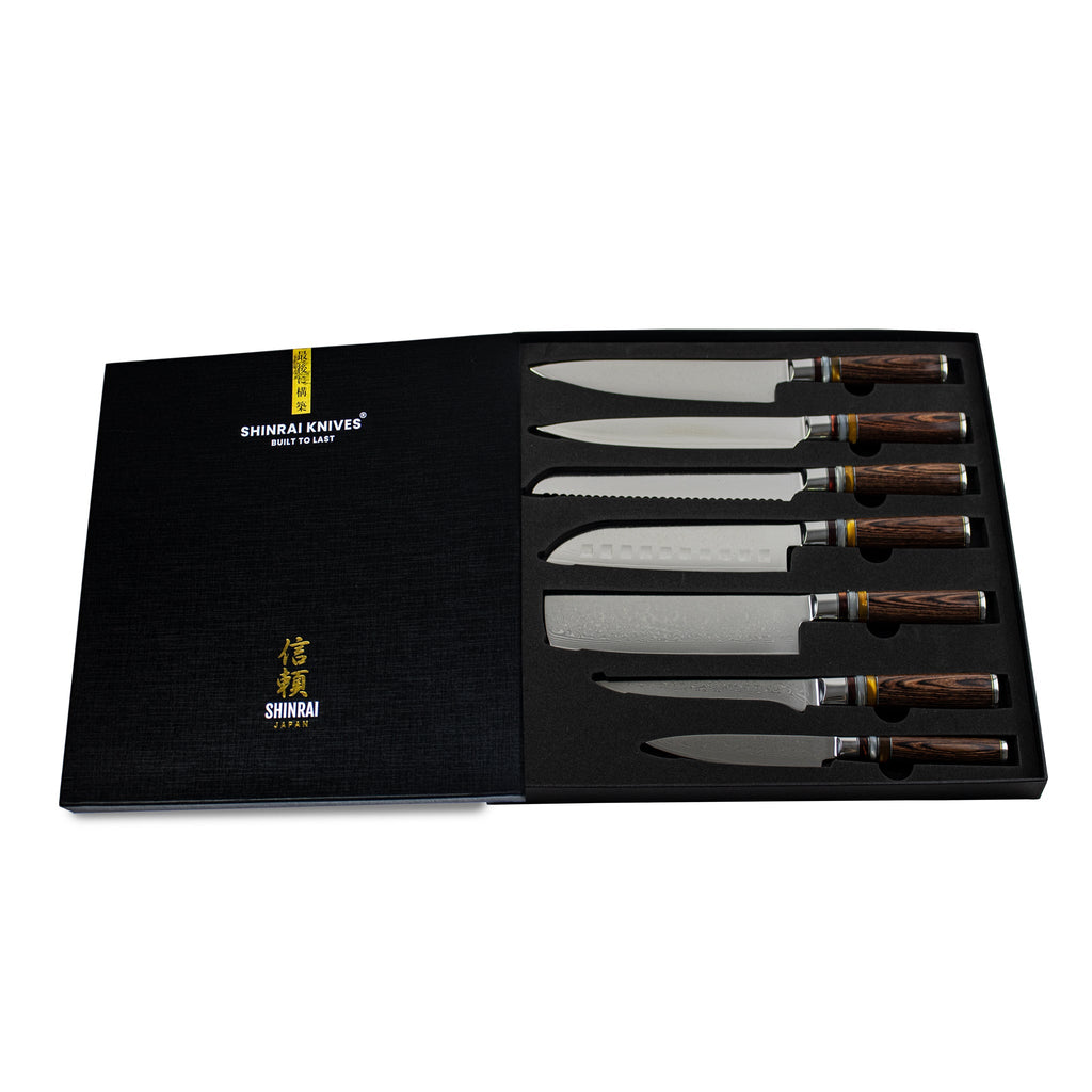 Shinrai Japan - Damascus Print 5-piece Knife Set + Magnetic Knife