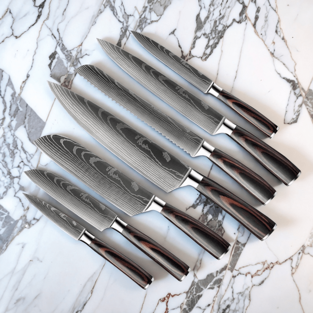 Japanese Chef Knife Set with Roll Bag, 7-Piece Damascus Knife Set